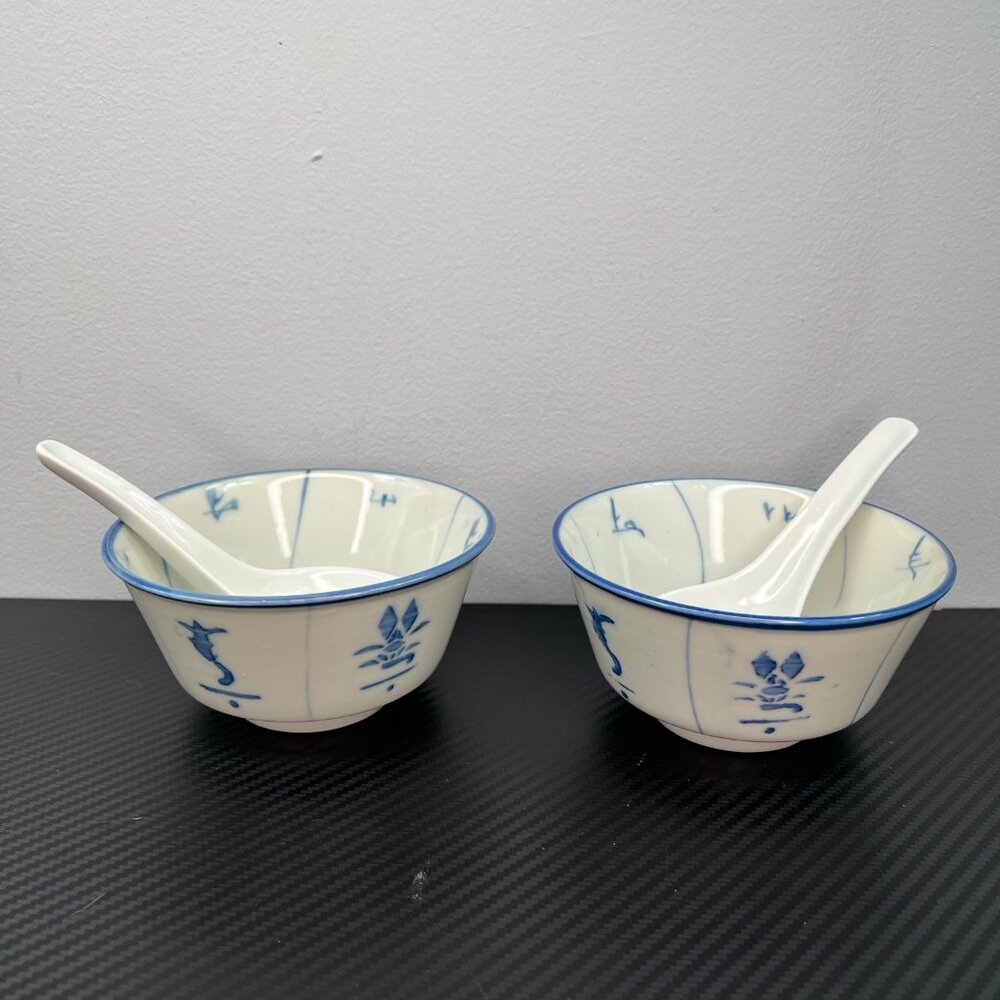 Vintage Chinese Porcelain Rice Bowls Set Of 2 White & Blue Ming Style w/ spoons